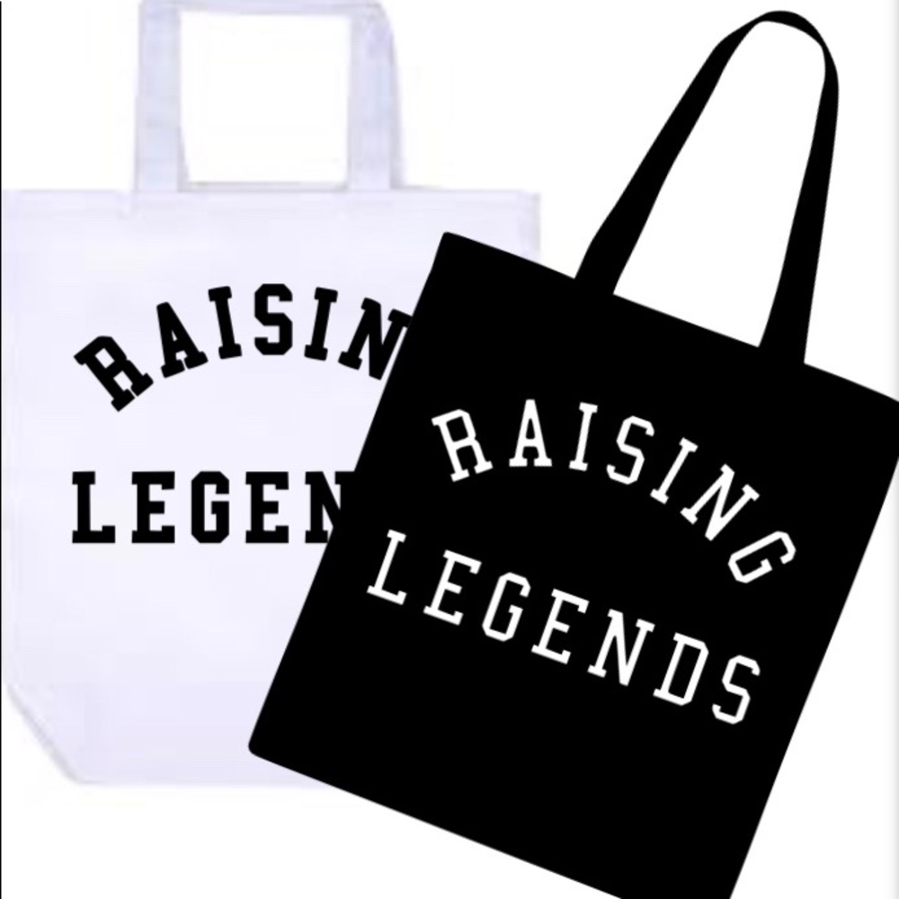 Raising legends mom/dad tote bag
